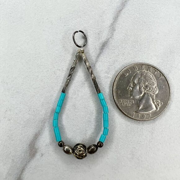 Silver Tone Faux Turquoise Teardrop Beaded Upcycled Pendant - Picture 1 of 4